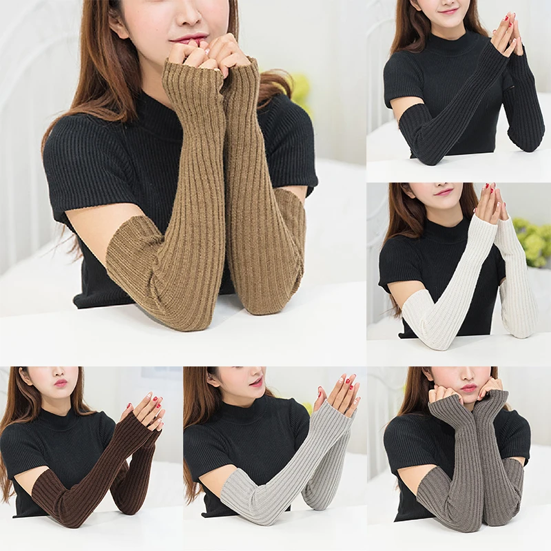 Autumn Winter Women Arm Warmers Knitted Woolen Arm Sleeve Fine Long Knitted Fingerless Gloves Warm Riding Soft Female Gloves