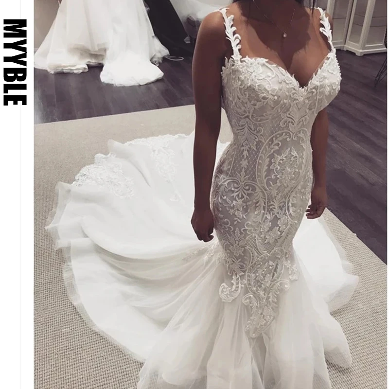 2021 MYYBLE  Elegant Lace Mermaid Wedding Dresses Strap Sleeveless Lace Sweet Heart Classic Wedding Gowns Trumpet Bridal Dresses