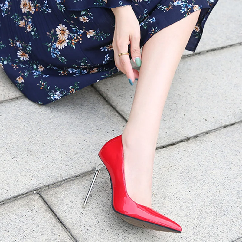 2023 Women 11cm High Heels Scarpin Valentine Pumps Lady Pointed Toe Stiletto Heels Female Plus Size Red Glossy Nude Silver Shoes