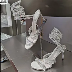 Sexy Pearl Studded Women Sandals Snake Shape Ankle Strappy High Heel Party Wedding Shoes Open Toe Narrow Band Runway Shoes Woman