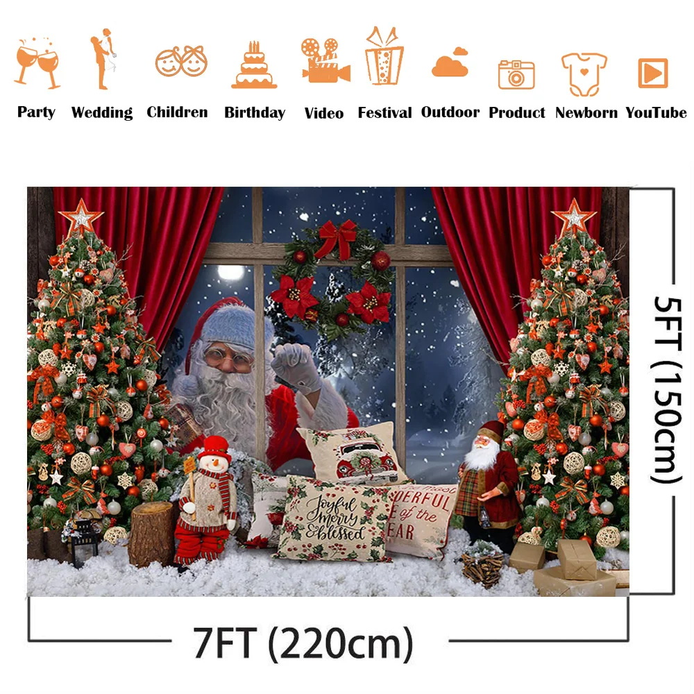 Christmas Santa Claus Photography Background Winter Xmas Trees Window Birthday Backdrop Photo Shoot Wreath Snow Night Photocall