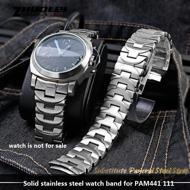 For Panerai Strap Men's Band PAM441 111 Solid Stainless Steel Butterfly Buckle Bracelet 24mm Silver Black Accessories Watchband