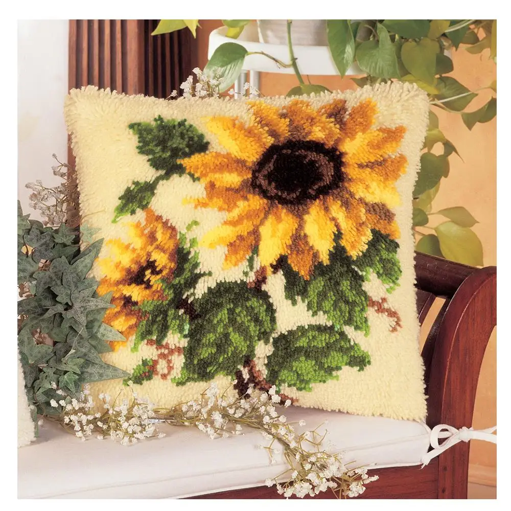 Latch Hook Kits Cushion Cover Pillowcase Tapestry Embroidery DIY Kit for Adults and Kids Sunflowers Hobby Crafts