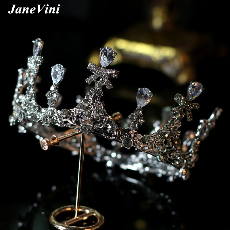 JaneVini Luxury Silver Crystal Bow Round Bridal Tiaras and Crowns Princess Pageant Rhinestone Diadem Wedding Jewelry Accessories