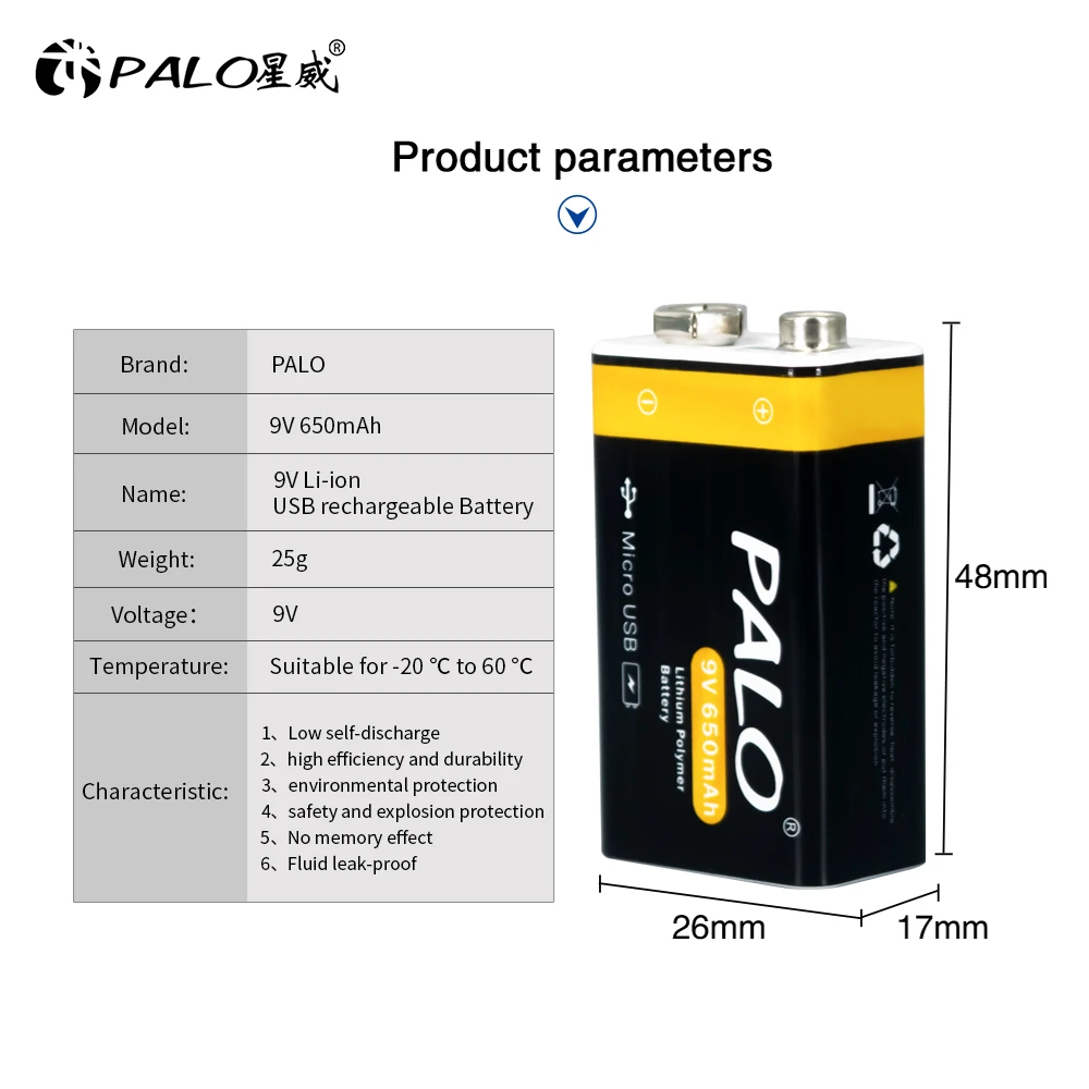 PALO 9V Stable Voltage USB Rechargeable Battery Lithium 6f22 9V Li-ion Batteries For Multimeter Smoke Alarm Metal Detector Toy