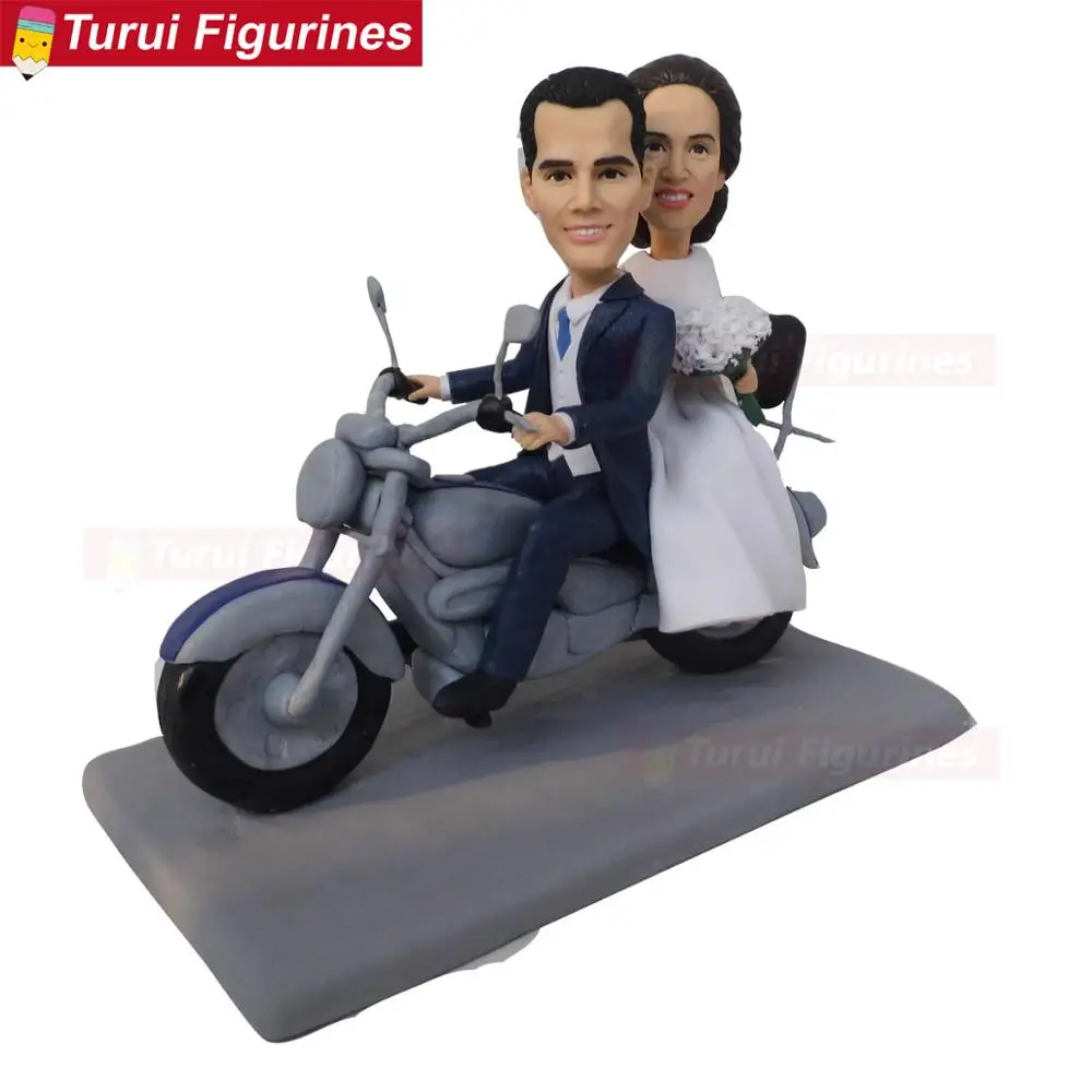 ooak polymer clay doll baby Motorbike Bride & Groom for Biker Couple or Motorcycle lovers Wedding Cake Toper decoration statue