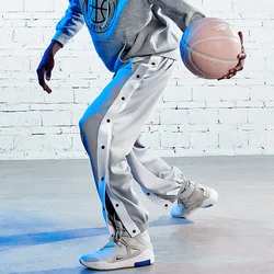 Pantalones deportivos de baloncesto para hombre, pantalón de chándal holgado con botones, hebilla abierta completa, color gris