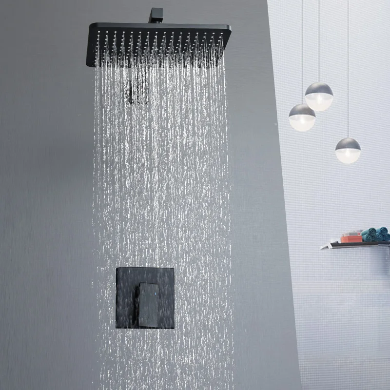 High Quality Copper Black Hot And Cold Waterfall In Wall Mounted Concealed Bathroom Rain Shower Set