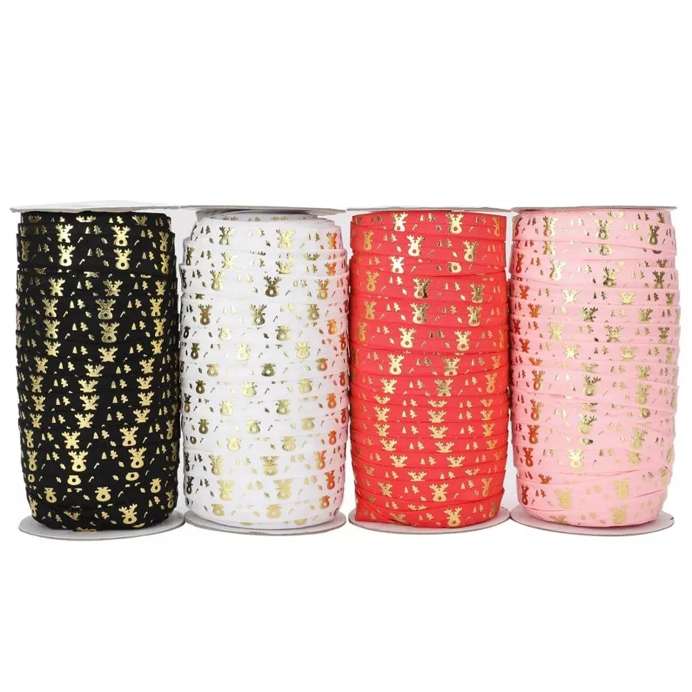 

5/8" Gold Foil Christmas Deer Head Fold Over Elastic Foe Elastic For Headband Ties Hair Accessory Welcome Custom Printed