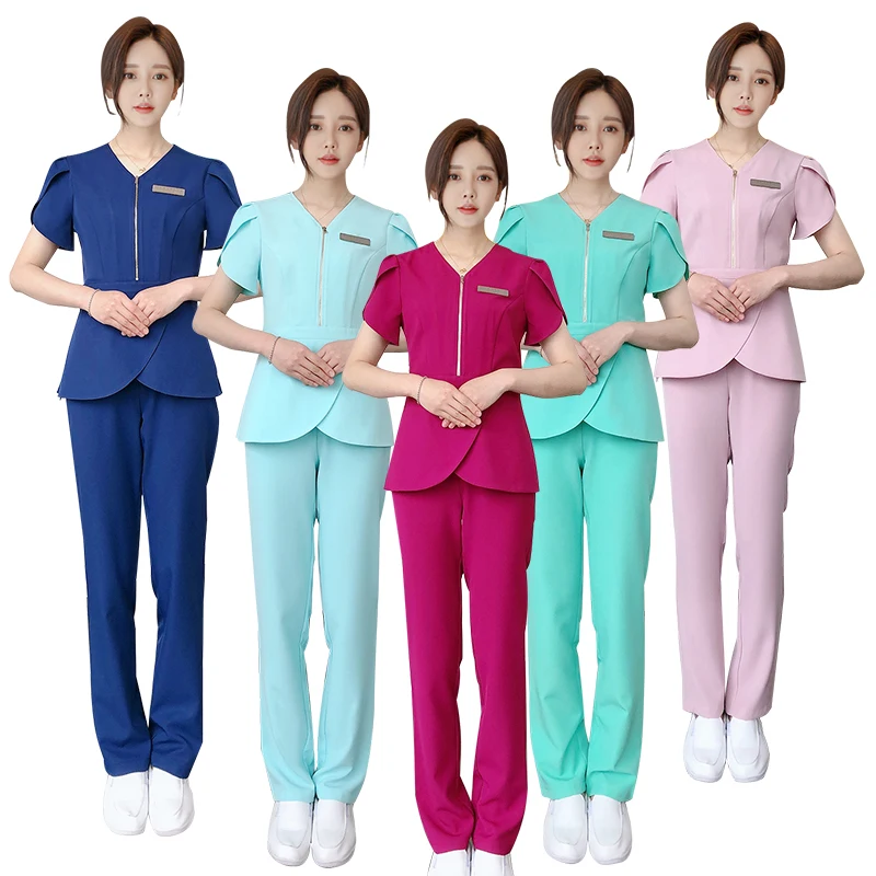 Beauty Salon Work Uniform For Women V Neck Spa Working Wear Hospital Ladies Uniforms Solid Color Sets