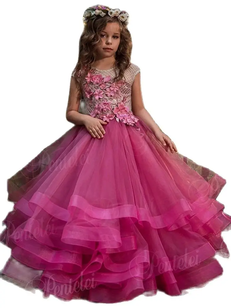 Vestido de festa feminino para aniversário, vestido elegante de flores, gola redonda, sem mangas, vestido de baile de renda, desfile, primeiro vestido