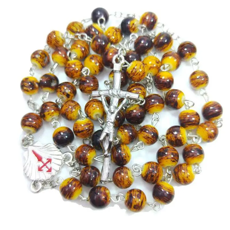 QIGO Religious Cross Pendant Leopard Glass Rosary Necklace For Men Women Long Jewelry