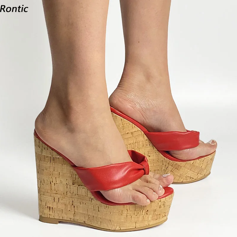 

Rontic Handmade Women Platform Mules Sandals Thong Comfort Wedges Heels Open Toe Gorgeous Red Casual Shoes Ladies US Size 5-20