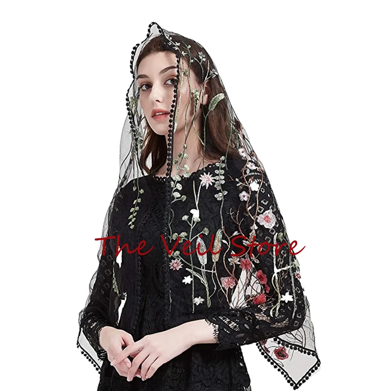 Velo rectangular de Mantilla para mujer, velo de Iglesia Católica para cubrir la cabeza, bufandas de encaje Floral, velos de marfil negro con pinza para el cabello