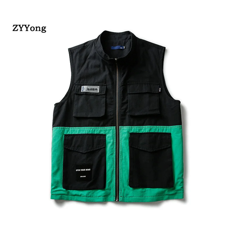 

Vintage Multi-pocket Men's Vest Coat Solid Cotton Sleeveless Jacket Men Fashion Street wear Hip Hop Casual Waistcoat Male