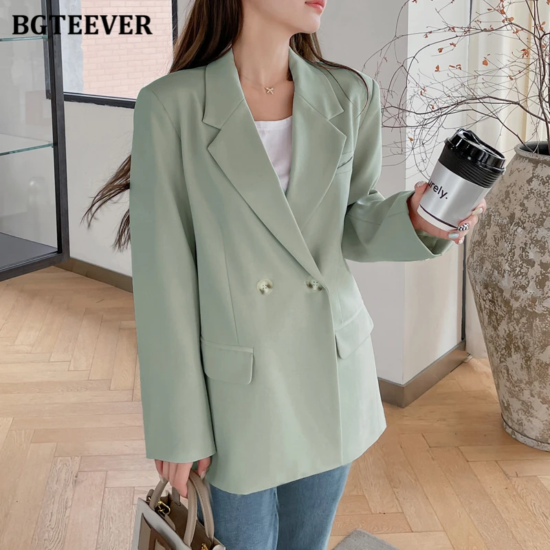 BGTEEVER giacca da donna oversize Casual 2021 autunno inverno sciolto doppio petto abito femminile cappotti elegante giacca da donna verde