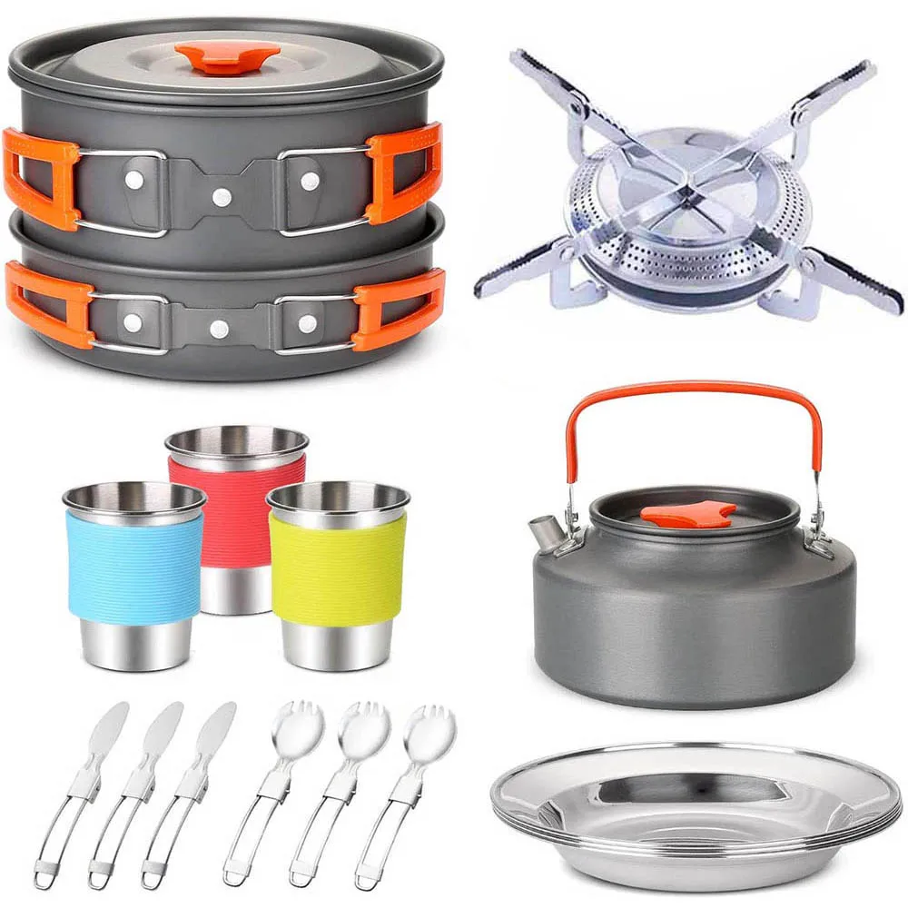 Camping Travel Equipment Tableware Cookware Kit Pots Burner Gas Stove Accessories Kitchen Utensils Sets Picnic BBQ Supplies