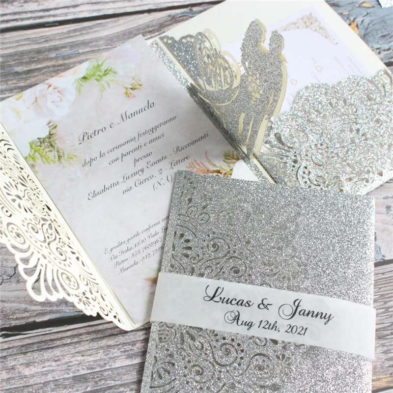 Glittery silver tri-fold wedding invitation card love pop up laser design personalized printing party decoration