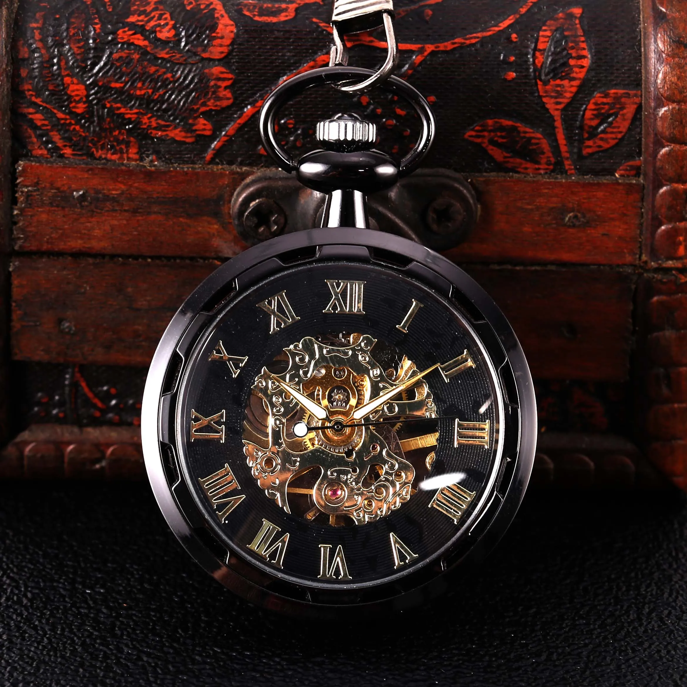 8938Black carved transparent glossy Roman scale mechanical large pocket watch