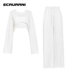 ECRURANI Gray Casual Two Piece Set For Female Round Neck Long Sleeve Top High Waist Full Length Pant 2021 Women's Trousers Suits