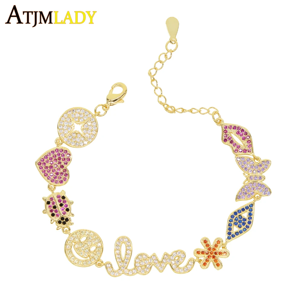 Gold Color rainbow colorful cz lip butterfly heart cute lovely lucky charm bracelet elegant Luxury fashion women jewelry