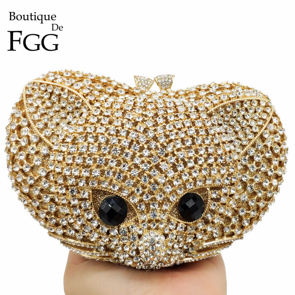 

Boutique De FGG Lovely 3D Fox Shape Women Animal Evening Bag Luxury Diamond Minaudiere Clutch Wedding Party Handbags and Purses