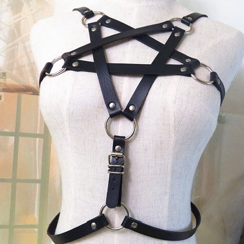 Woman Pentagram Punk Style PU Leather  Belts Sexy Lingerie Body Bondage Caged Bralette Gothic Bra Garters 5 Styles