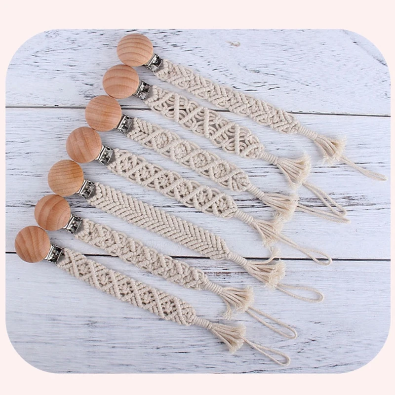 BPA-free Vintage Crochet Baby Pacifier Clip Chain Woven Cotton Rope Handmade Beech Wood DIY Dummy Nipple Holder Pacifier Chain