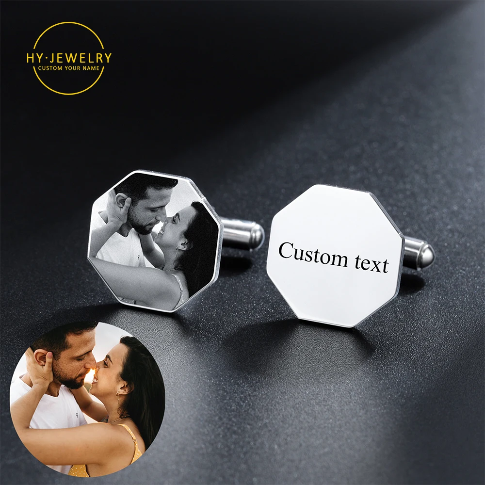 Custom Name Cufflinks Engraving picture Groom Name Cufflinks Buttons Wedding Gifts18k gold-plated stainless Steel Round Cufflink