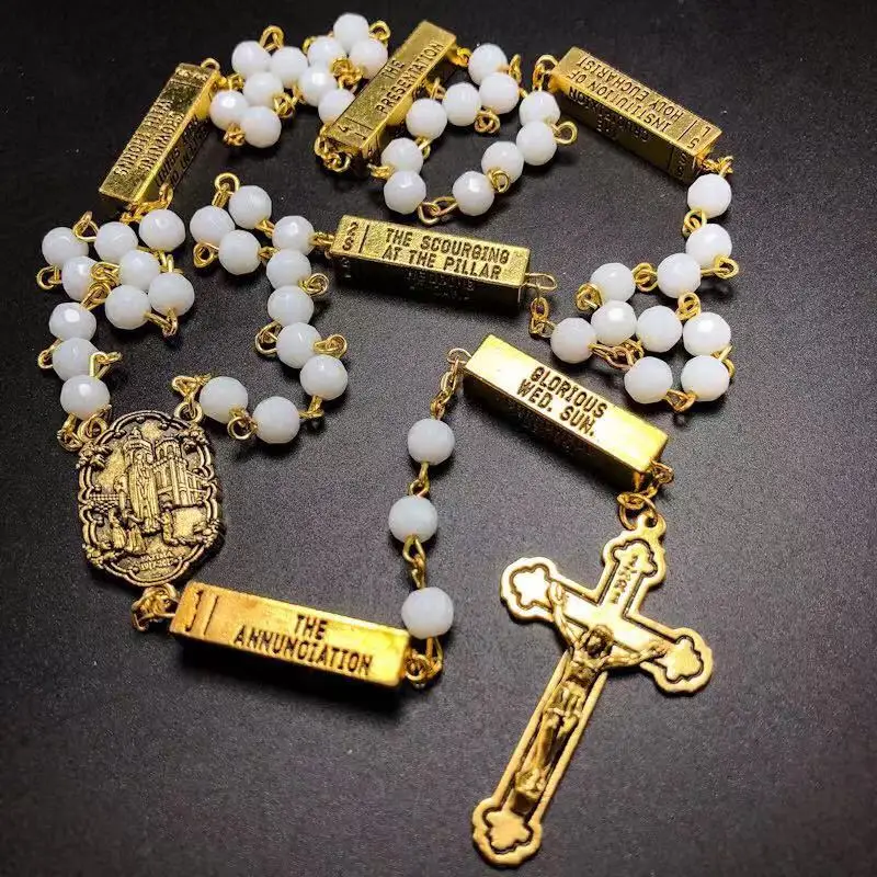 6mm weiße Facetten glaskette mit Fatima Centor und antiken Gold-oder Silber metallteilen