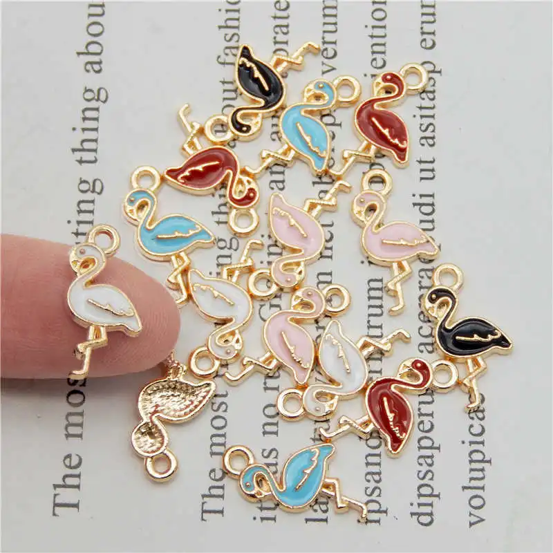 Julie Wang 10PCS Enamel Flamingo Charms Mixed 5 Colors Small Bird Animal Pendants Alloy Jewelry Making Accessory