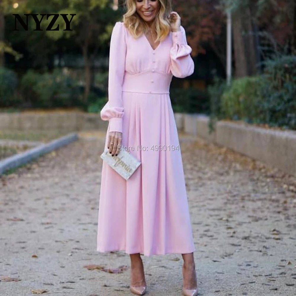 

NYZY M315 Elegant V-Neck Long Sleeves Pink Mother of the Bride Dresses Wedding Party Dress Guest Wear Evening Formal Gown