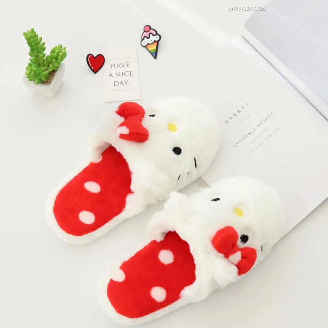 Sanrio Hello Kitty Kuromi Cinnamoroll My Melody Winter Fur Plush Slippers Flat For Women Female Shoes Slider Kawaii Home Indoor