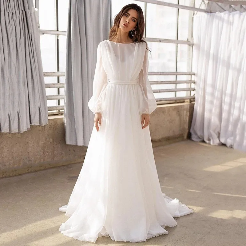 

Beach Wedding Dresses A-line Long Sleeves Chiffon Boho Backless Dubai Arabic Wedding Gown Bridal Dress Vestido De Noiva