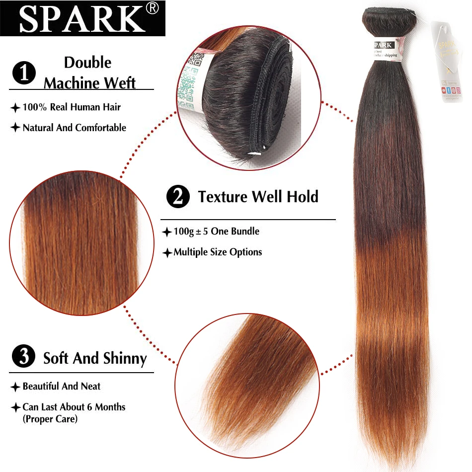 Spark-Bundles de cheveux humains raides ombrés péruviens avec fermeture, partie libre, cheveux Remy, 3/4