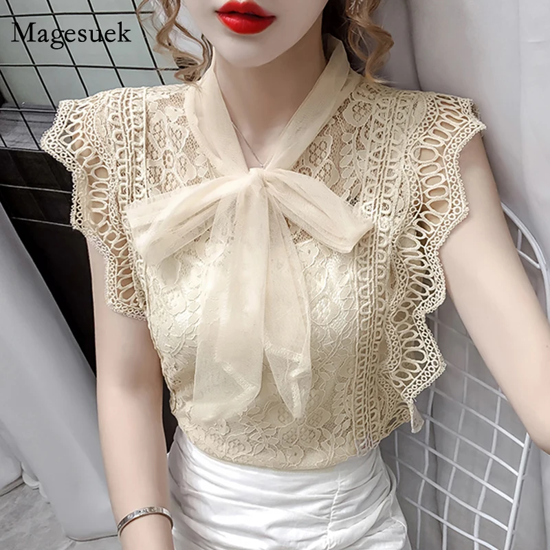 

Korean Sleeveless Summer Tops and Blouses Solid Hollow Out Shirt Fashion Vintage 2023 Womens Lace Patchwork Clothing Blusas 9811