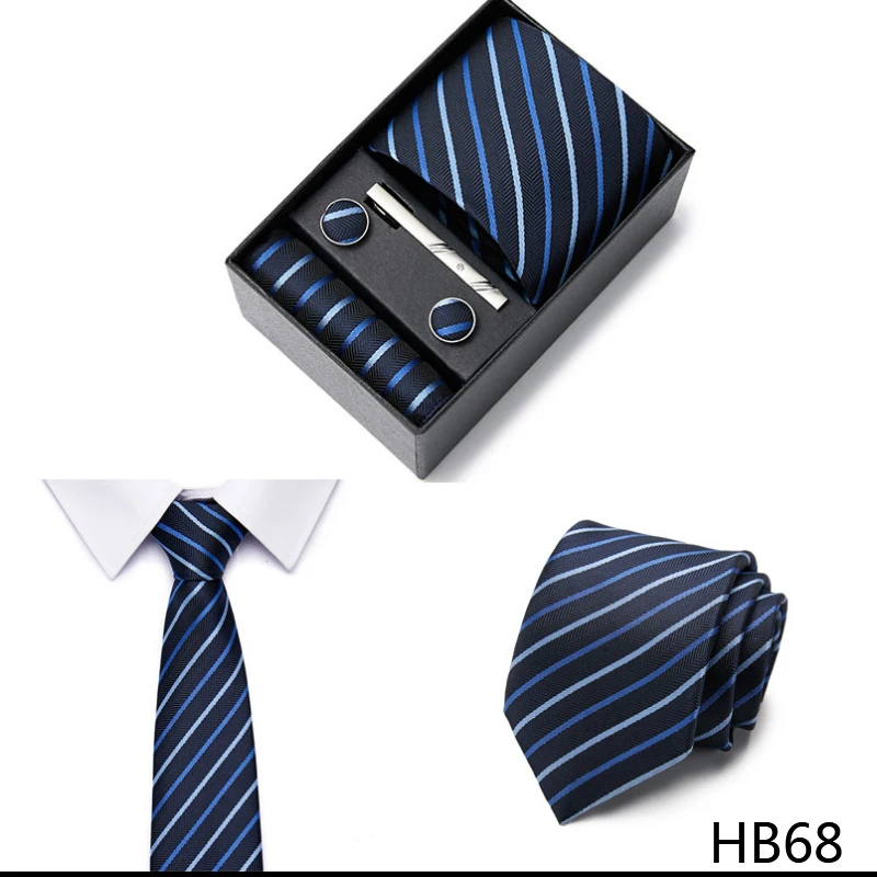 2023 neue Stil Hochzeit Geschenk Krawatte Für Männer Krawatte Box Anzug Zubehör Solide Blaue Krawatte Einstecktücher Manschettenknopf Set – Detail 30