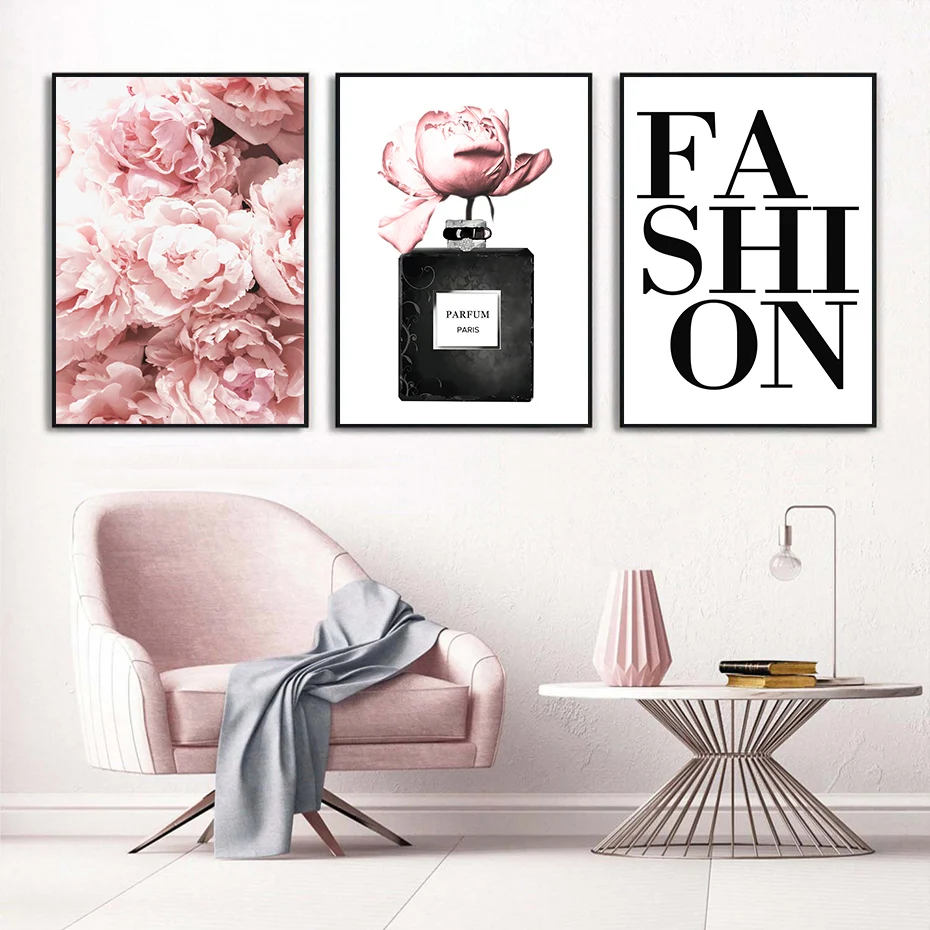 

Modern Fashion Pink Parfum Peony Floral Girls Wall Art Canvas Poster Painting Print Pictures for Bedroom Interior Home Decor