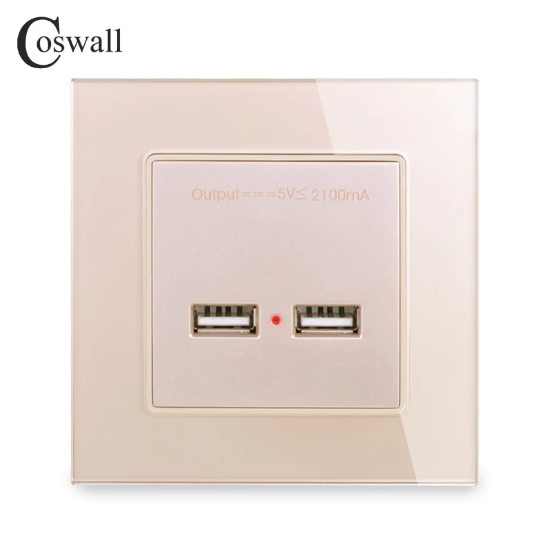 COSWALL Wall Power Socket Dual USB Smart Induction Charging Port For Mobile 5V 2.1A Output Crystal Tempered Glass Panel