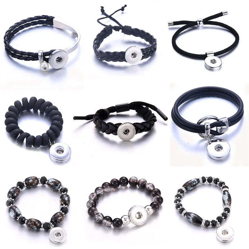 2020 New Snap Button Jewelry Vintage Beaded Black Leather Snap Bracelet Fit 18mm Snap Buttons Bohemia Magnetic Leather Bracelets