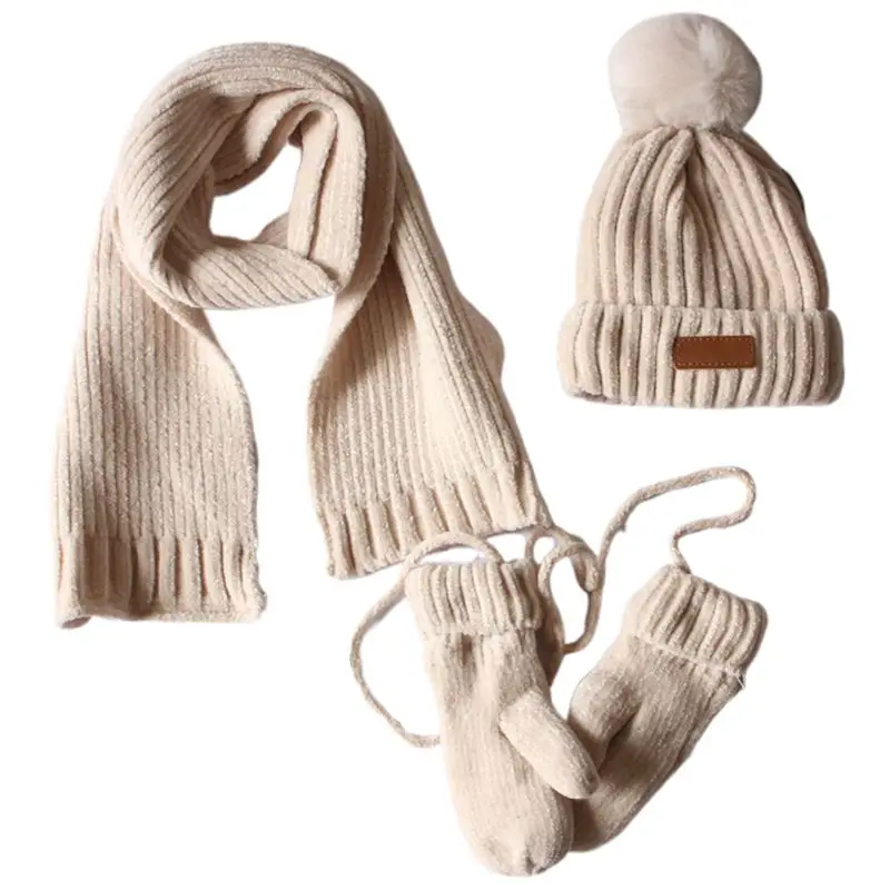 

3 In 1 Toddler Kids Winter Ribbed Knit Warm Pompom Beanie Hat Scarf Gloves Set