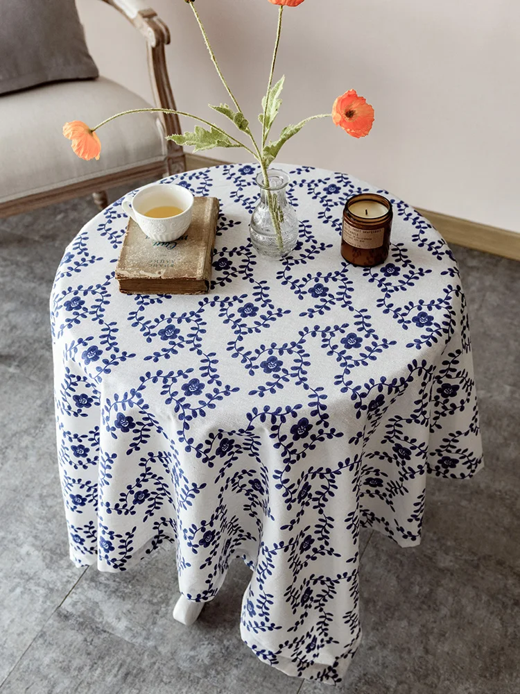 Small Flower Pattern Flax Tablecloth Blue and White Porcelain Print Cover Coffee Dinner Table Cloth for Wedding Banquet