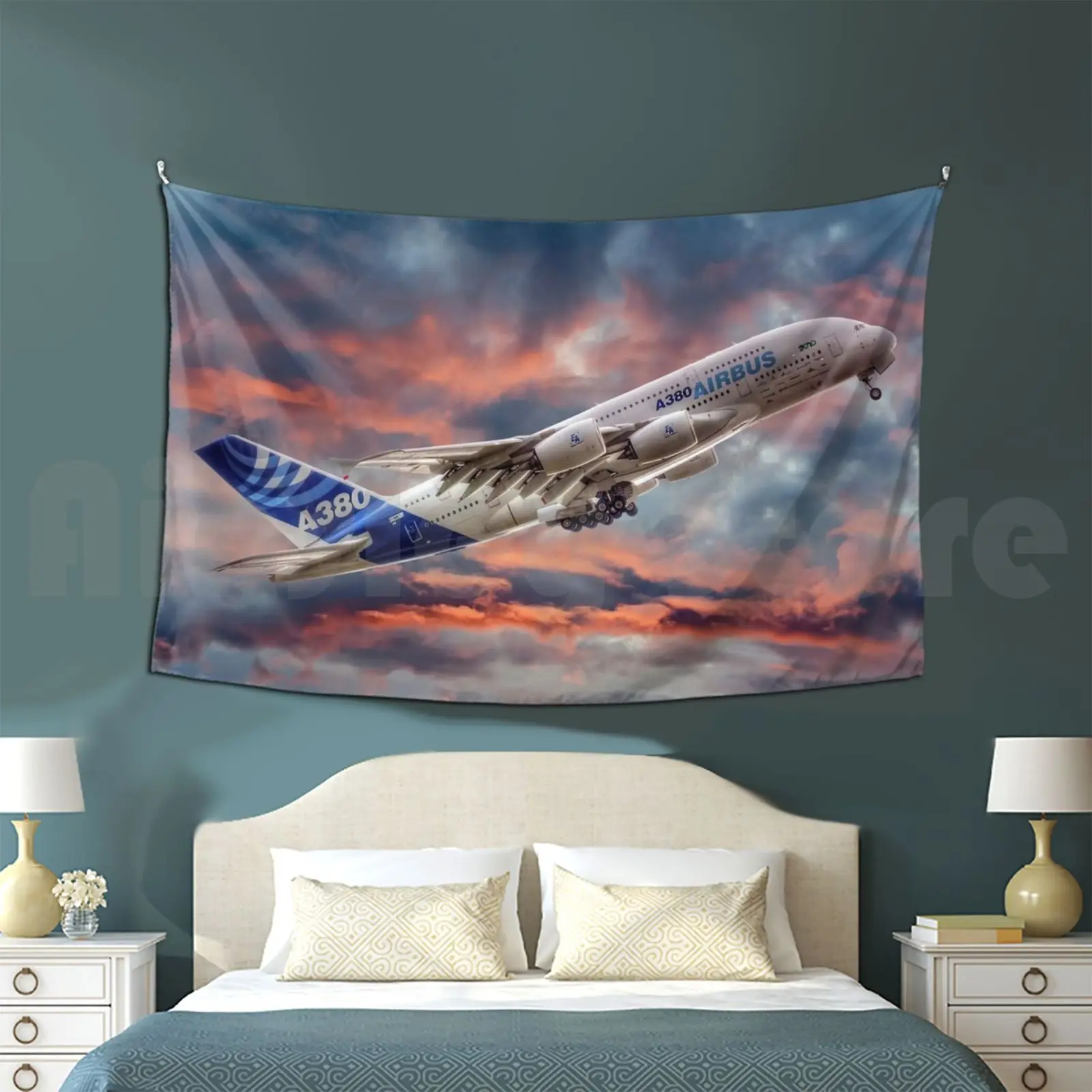 Airbus A380-Sunset Tapestry Living Room Bedroom Airbus A380 A380 Airplane Airplane Plane Jet Filton Passenger Plane Civil Sky