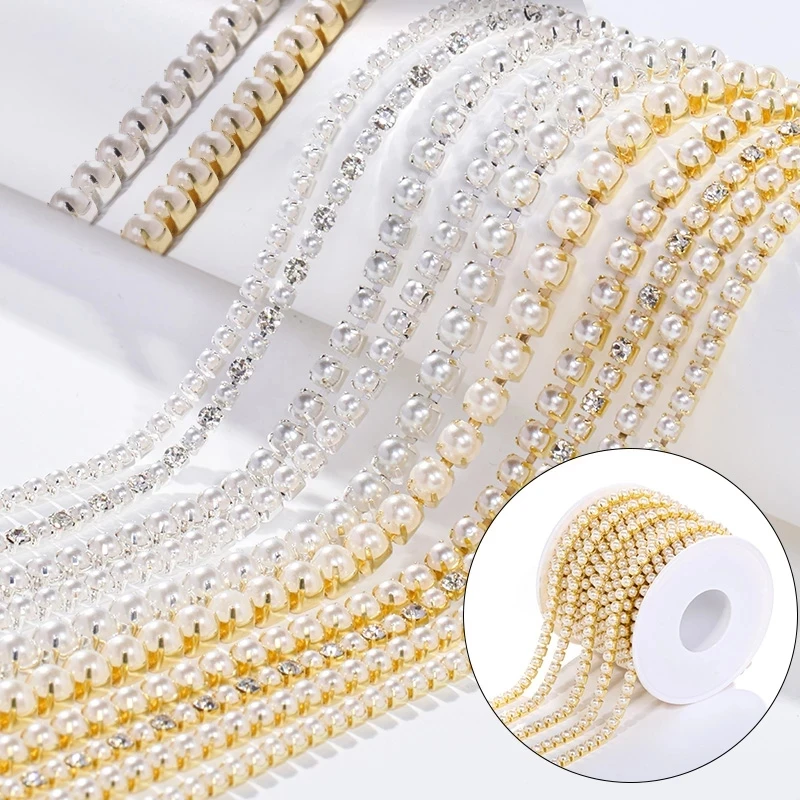 

XiChuan 1Yard Cup Chain ABS Pearl Chain SS6 SS8 SS12 Glue On Clothes Accessories Sew On Crafts Claw Crystal Rhinestone Chain