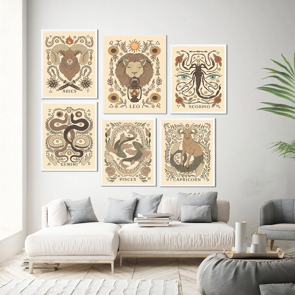 Bohemian Zodiac Art Poster Print Canvas Painting Inspired Astrology Scorpio Virgo Aquarius Aries Leo Pictures Retro Wall Decor