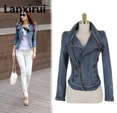 Fast Shipping Fashion Womens Vintage Denim Jean Slim Fit Lapel Zip Short Jacket Tops Coat Size S M L Xl Ss -W26