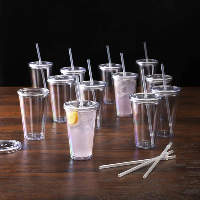 Reusable Drinking Cup Straw Cup With Lid Double-layer Plastic Tumbler Transparent Tea Fruit Coffee Mugs DIY Outdoor Sport Bottle