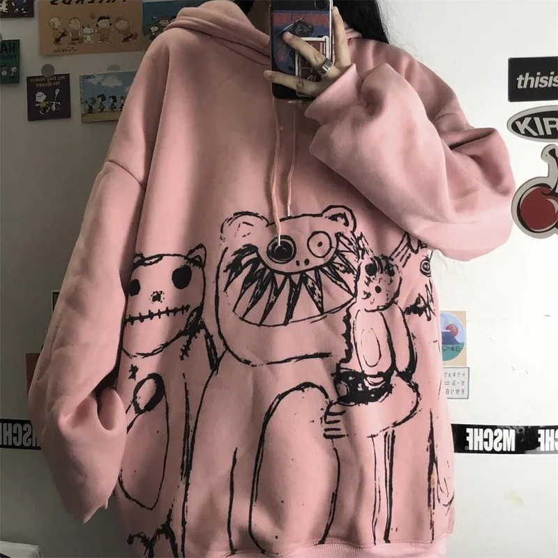 Qweek Goth Harajuku Hoodie Punk Anime Oversized Sweatshirt Graffiti Hoodies Vrouwen Cartoon Print Hoodie 2021 Streetwear Vrouwen