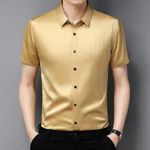 Мужская шелковая рубашка в полоску, Повседневная Деловая Классическая рубашка с короткими рукавами, лето 2021
