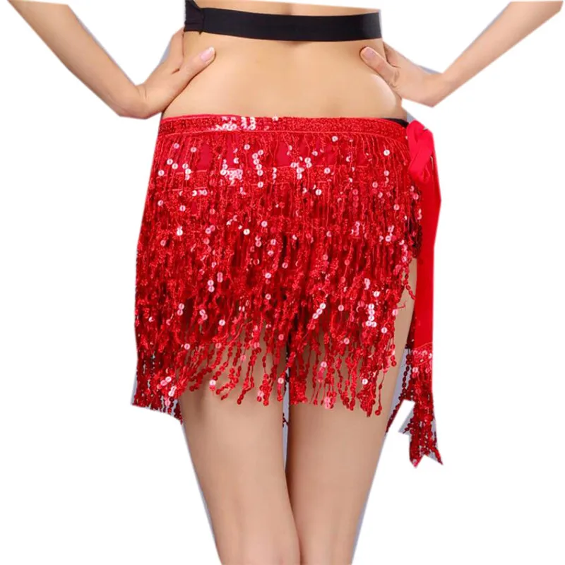 Women\'s Sequin Skirt Glitter Belly Dance Hip Mini Tassel Scarf Rave Wrap Belt Stage Performance Party Costume Cowgirl Outfit